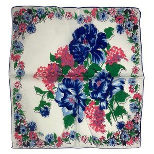 Vintage Floral Handkerchief Printed Hanky Pink Blue Hand Rolled Edge Retro EUC